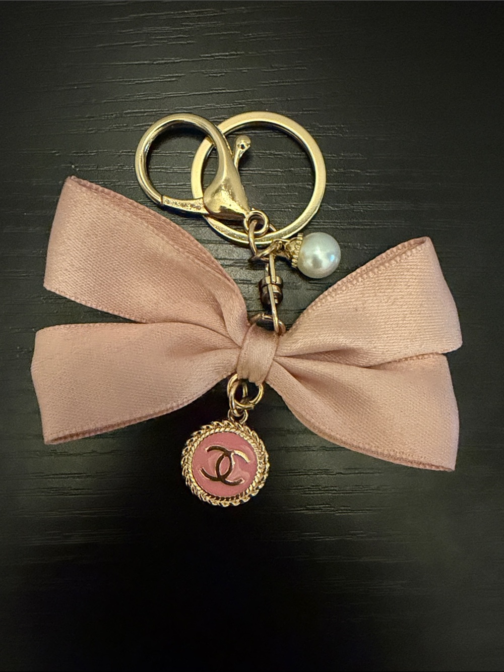 Inspired Pink Bow Key & Card Holder Charm with Pearl Accent
